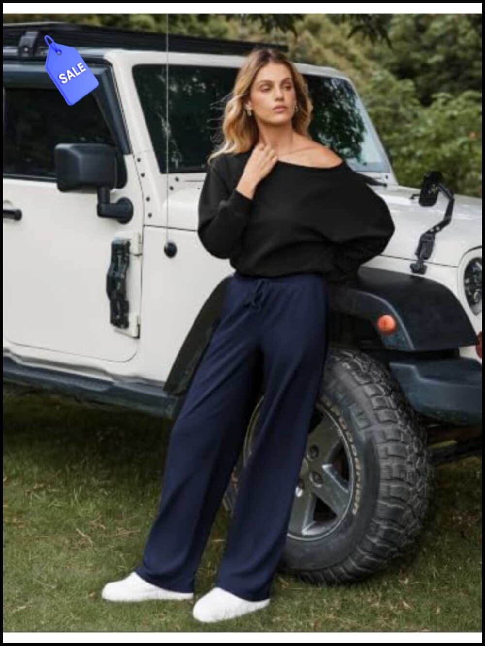 Women's High Waisted Wide Leg Sweatpants, Cotton Blend - Picture 3 of 5